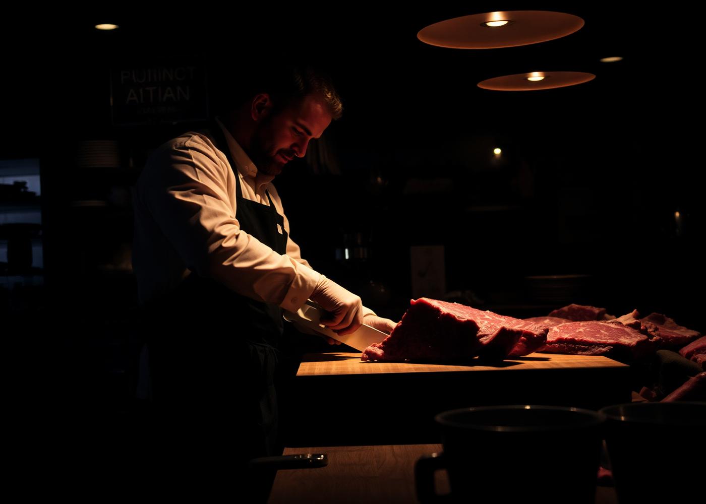 Açougueiro cortando carne premium no balcão da boutique de carnes